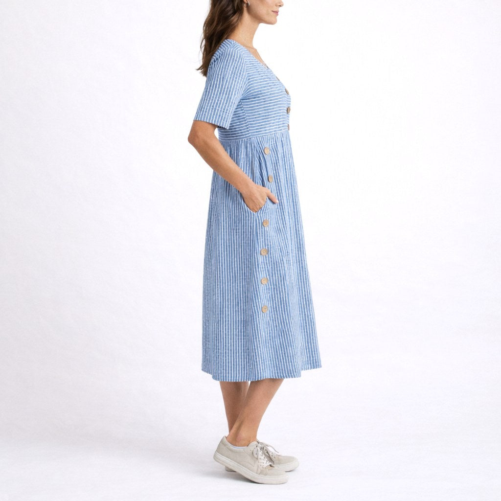 Charli | Women's Striped Midi Dress, Relaxed Lightweight Dress | The Shrader Sisters | Beige
