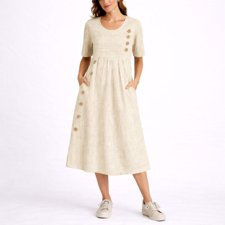 Charli | Women's Striped Midi Dress, Relaxed Lightweight Dress | The Shrader Sisters | Gray