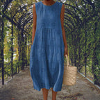 Charlotte | Women's Cotton Embroidered Sleeveless Midi Dress, Flattering Summer Dress for Holidays and Everyday Wear, Flattering Summer Dress for Holidays and Everyday Wear - Blue