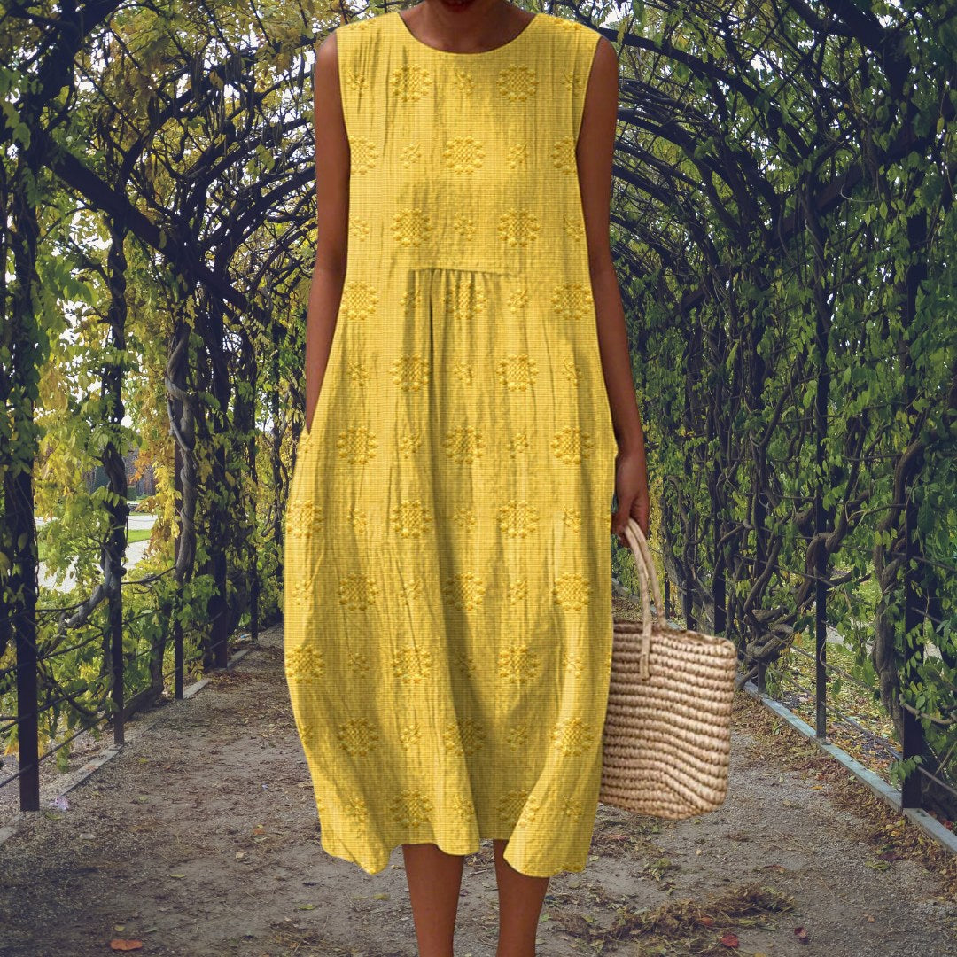Charlotte | Women's Cotton Embroidered Sleeveless Midi Dress, Flattering Summer Dress for Holidays and Everyday Wear, Flattering Summer Dress for Holidays and Everyday Wear - Yellow
