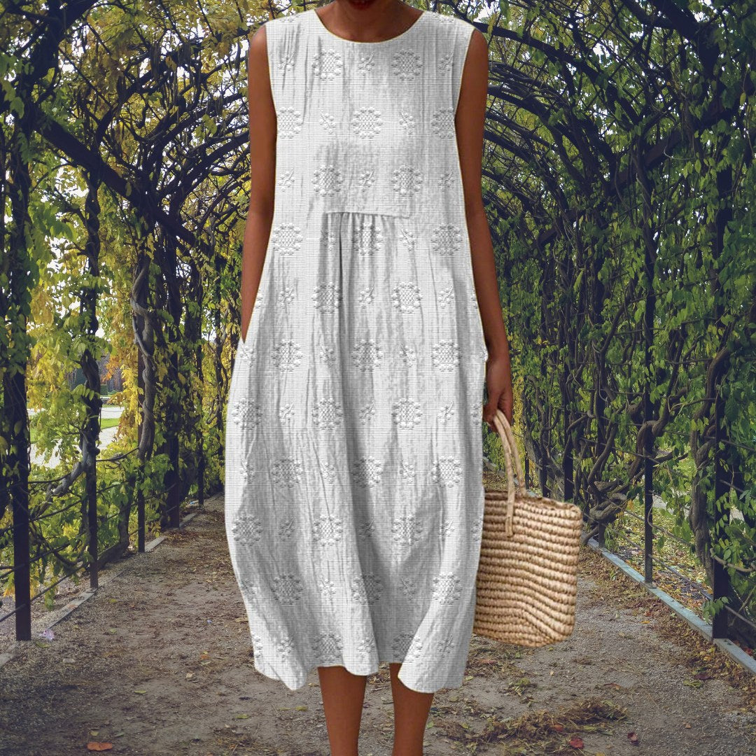 Charlotte | Women's Cotton Embroidered Sleeveless Midi Dress, Flattering Summer Dress for Holidays and Everyday Wear, Flattering Summer Dress for Holidays and Everyday Wear - White