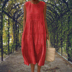 Charlotte | Women's Cotton Embroidered Sleeveless Midi Dress, Flattering Summer Dress for Holidays and Everyday Wear, Flattering Summer Dress for Holidays and Everyday Wear - Red
