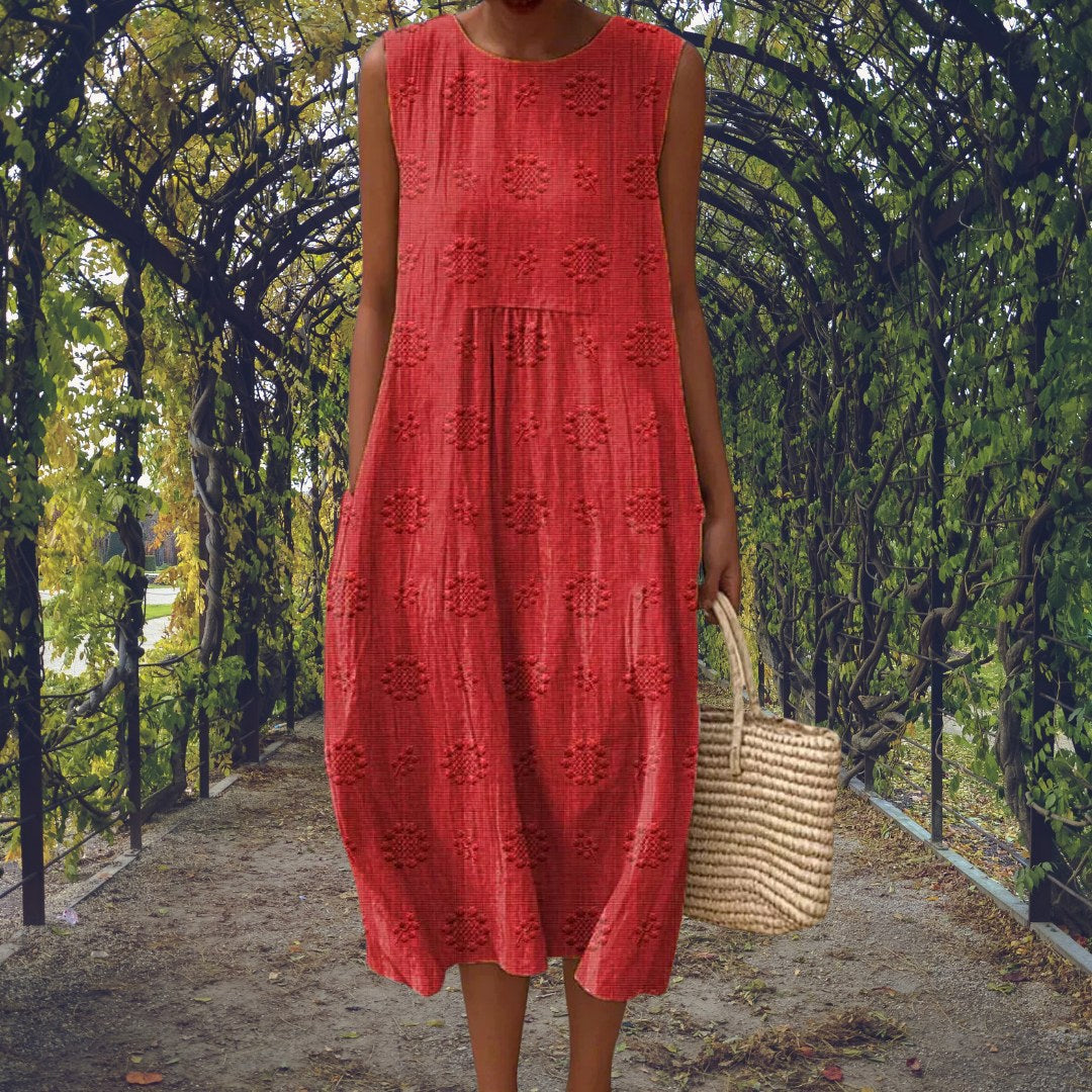 Charlotte | Women's Cotton Embroidered Sleeveless Midi Dress, Flattering Summer Dress for Holidays and Everyday Wear, Flattering Summer Dress for Holidays and Everyday Wear - Red