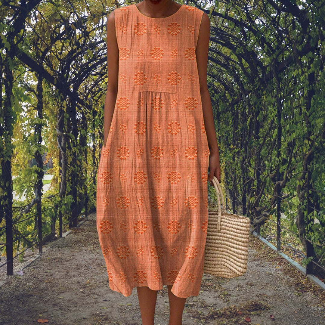 Charlotte | Women's Cotton Embroidered Sleeveless Midi Dress, Flattering Summer Dress for Holidays and Everyday Wear, Flattering Summer Dress for Holidays and Everyday Wear - Orange