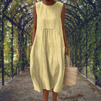 Charlotte | Women's Cotton Embroidered Sleeveless Midi Dress, Flattering Summer Dress for Holidays and Everyday Wear, Flattering Summer Dress for Holidays and Everyday Wear - Light Yellow