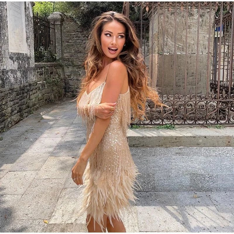 Charlotte | Women's Feather Mini Dress with Flattering Fit - Gold