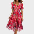 Charlotte | Women's Floral V-Neck Midi Dress, Short Sleeve Midi Dress | The Shrader Sisters | Red
