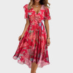 Charlotte | Women's Floral V-Neck Midi Dress, Short Sleeve Midi Dress | The Shrader Sisters | Red