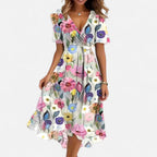 Charlotte | Women's Floral V-Neck Midi Dress, Short Sleeve Midi Dress | The Shrader Sisters | White Floral