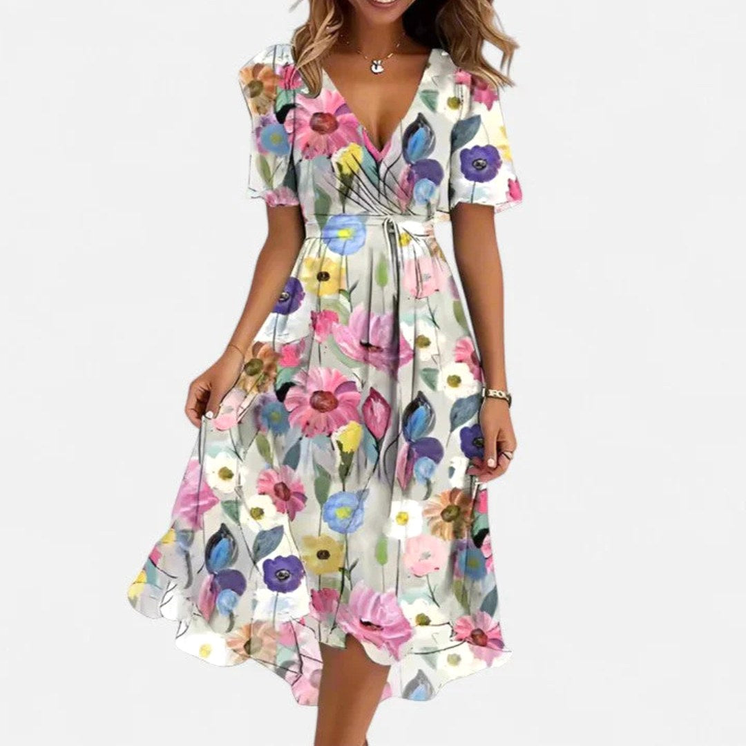 Charlotte | Women's Floral V-Neck Midi Dress, Short Sleeve Midi Dress | The Shrader Sisters | White Floral
