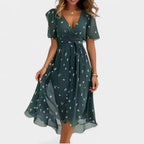 Charlotte | Women's Floral V-Neck Midi Dress, Short Sleeve Midi Dress | The Shrader Sisters | Green