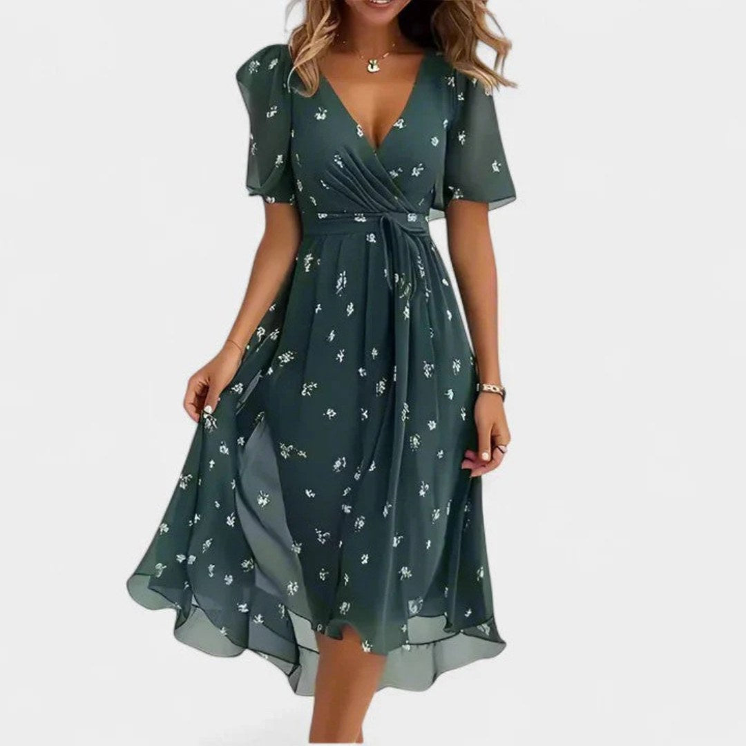 Charlotte | Women's Floral V-Neck Midi Dress, Short Sleeve Midi Dress | The Shrader Sisters | Green
