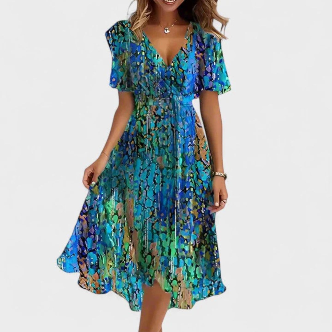 Charlotte | Women's Floral V-Neck Midi Dress, Short Sleeve Midi Dress | The Shrader Sisters | Blue Green