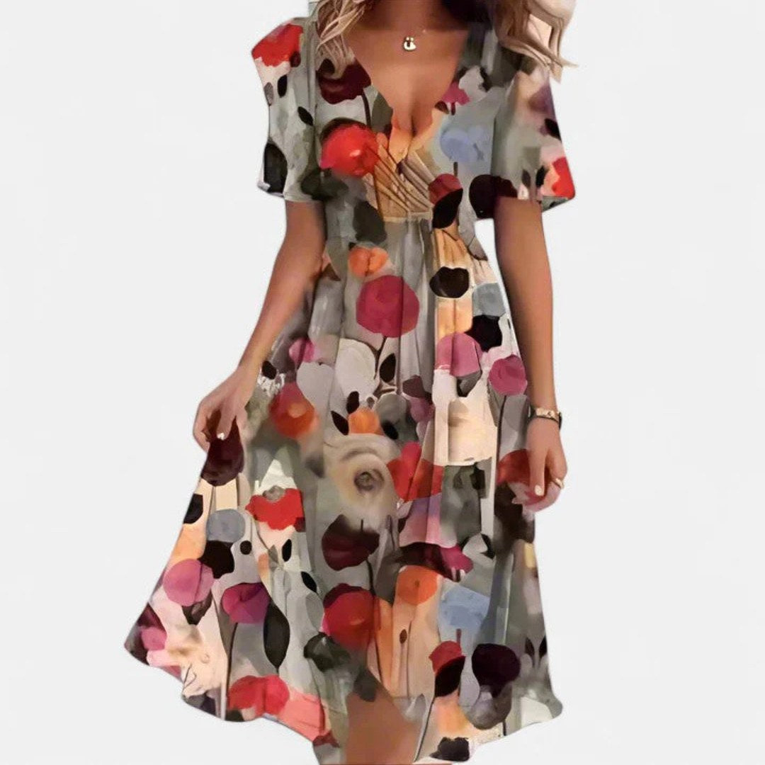 Charlotte | Women's Floral V-Neck Midi Dress, Short Sleeve Midi Dress | The Shrader Sisters | Brown Floral