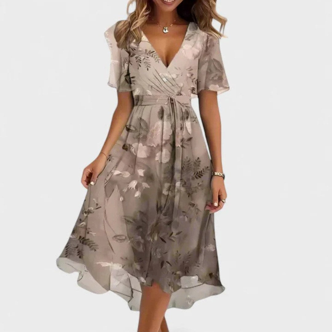 Charlotte | Women's Floral V-Neck Midi Dress, Short Sleeve Midi Dress | The Shrader Sisters | Brown