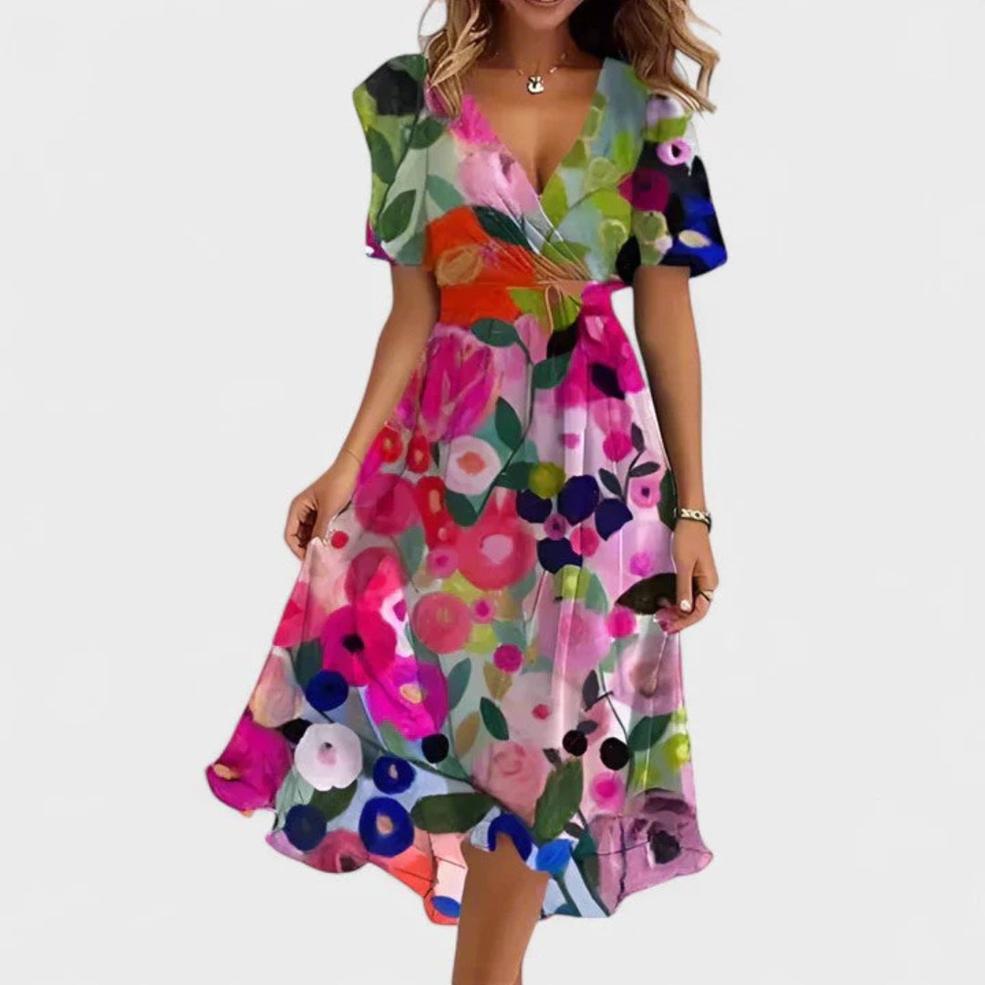 Charlotte | Women's Floral V-Neck Midi Dress, Short Sleeve Midi Dress | The Shrader Sisters | Multicolor Floral