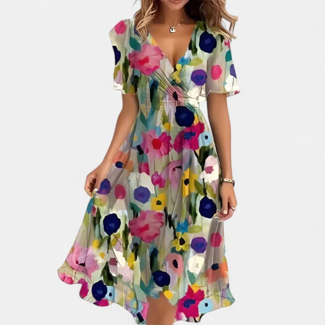Charlotte | Women's Floral V-Neck Midi Dress, Short Sleeve Midi Dress | The Shrader Sisters | Beige Floral