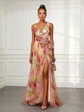 Chelsea | Women's Abstract Print Maxi Dress, V-Neck Tie-Waist Maxi Dress | The Shrader Sisters