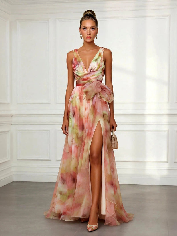 Chelsea | Women's Abstract Print Maxi Dress, V-Neck Tie-Waist Maxi Dress | The Shrader Sisters