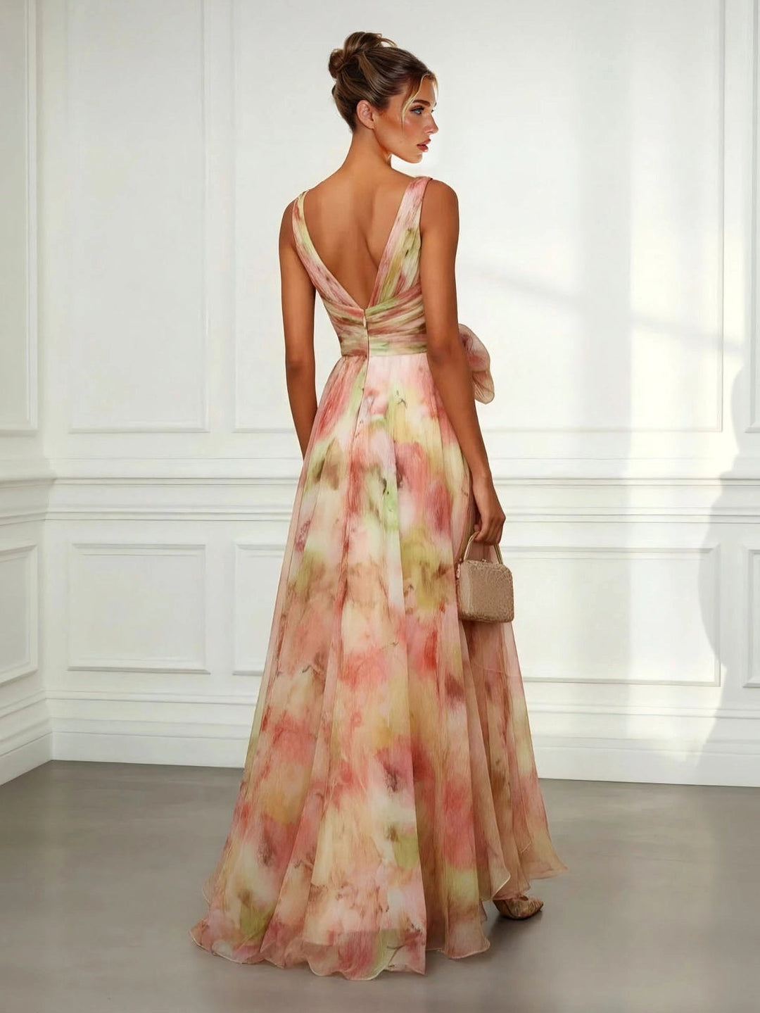 Chelsea | Women's Abstract Print Maxi Dress, V-Neck Tie-Waist Maxi Dress | The Shrader Sisters