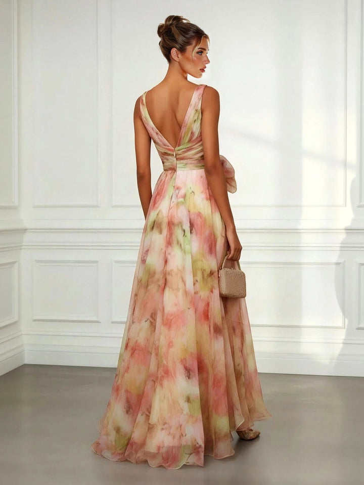 Chelsea | Women's Abstract Print Maxi Dress, V-Neck Tie-Waist Maxi Dress | The Shrader Sisters