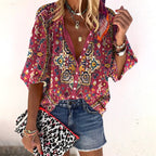 Chelsea | Women's Floral Boho Blouse, V-Neck Relaxed Fit Top | The Shrader Sisters | Rood