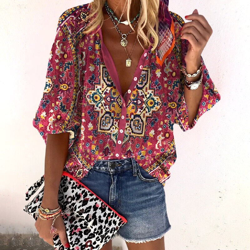 Chelsea | Women's Floral Boho Blouse, V-Neck Relaxed Fit Top | The Shrader Sisters | Rood