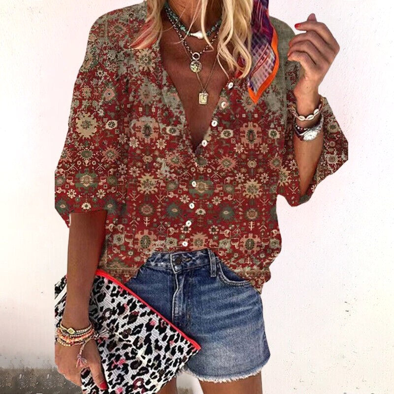 Chelsea | Women's Floral Boho Blouse, V-Neck Relaxed Fit Top | The Shrader Sisters | Bruin