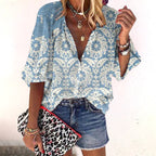 Chelsea | Women's Floral Boho Blouse, V-Neck Relaxed Fit Top | The Shrader Sisters | Blauw