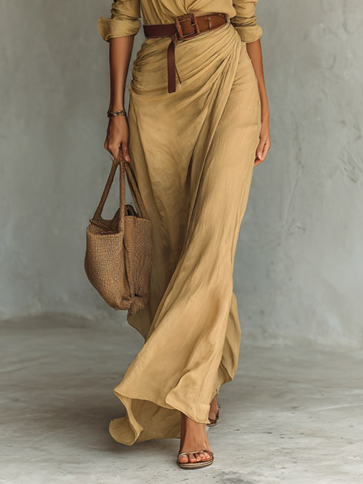 Claire | Women's Belted Long Sleeve Maxi Dress - White
