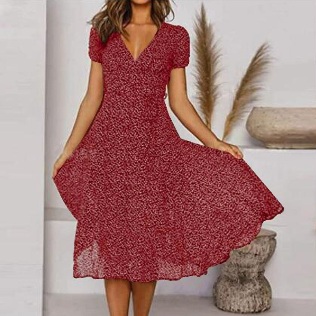 Clara | Women's V-Neck A-Line Midi Dress, Flowing Skirt Autumn Dress | The Shrader Sisters