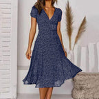 Clara | Women's V-Neck A-Line Midi Dress, Flowing Skirt Autumn Dress | The Shrader Sisters