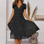 Clara | Women's V-Neck A-Line Midi Dress, Flowing Skirt Autumn Dress | The Shrader Sisters