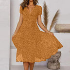 Clara | Women's V-Neck A-Line Midi Dress, Flowing Skirt Autumn Dress | The Shrader Sisters