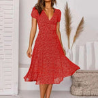 Clara | Women's V-Neck A-Line Midi Dress, Flowing Skirt Autumn Dress | The Shrader Sisters