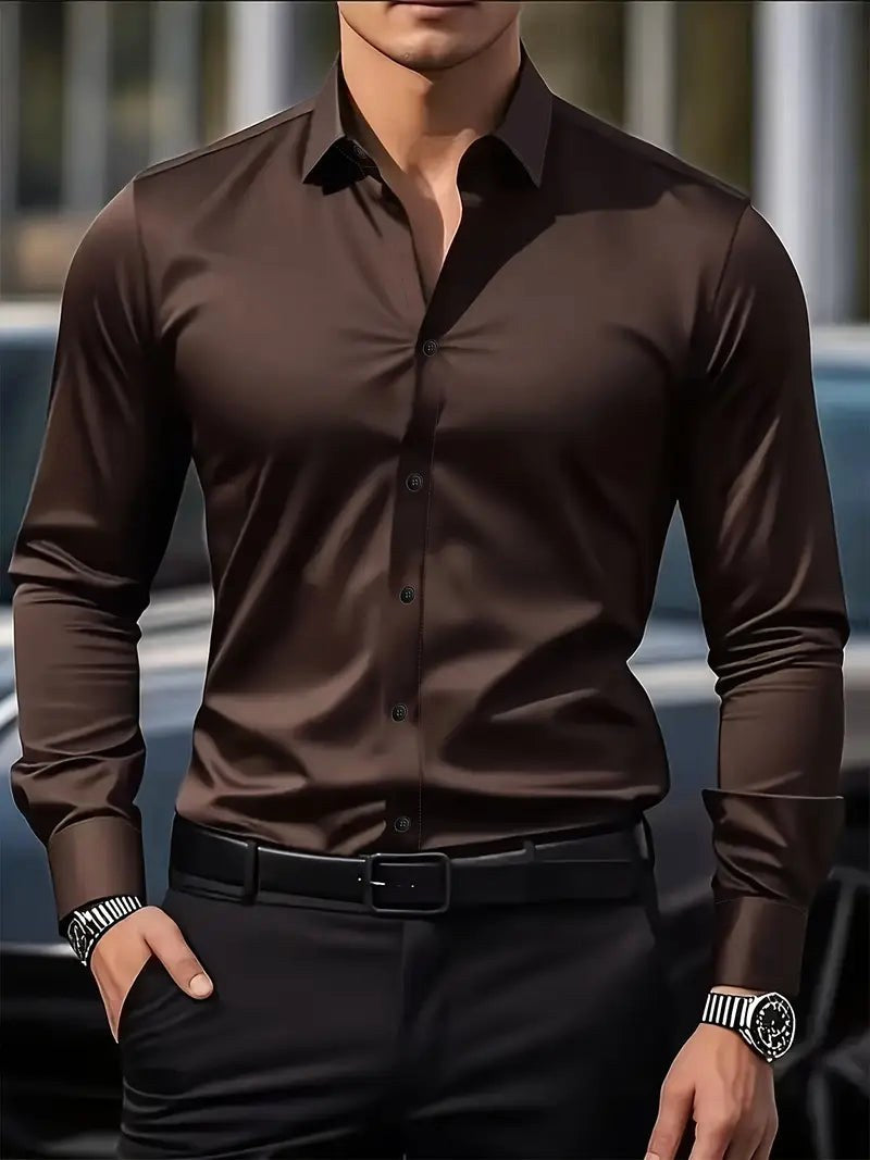 Cooper | Men's Breathable Long-Sleeved Shirt, Tailored Slim-Fit Shirt | The Shrader Sisters | Coffee