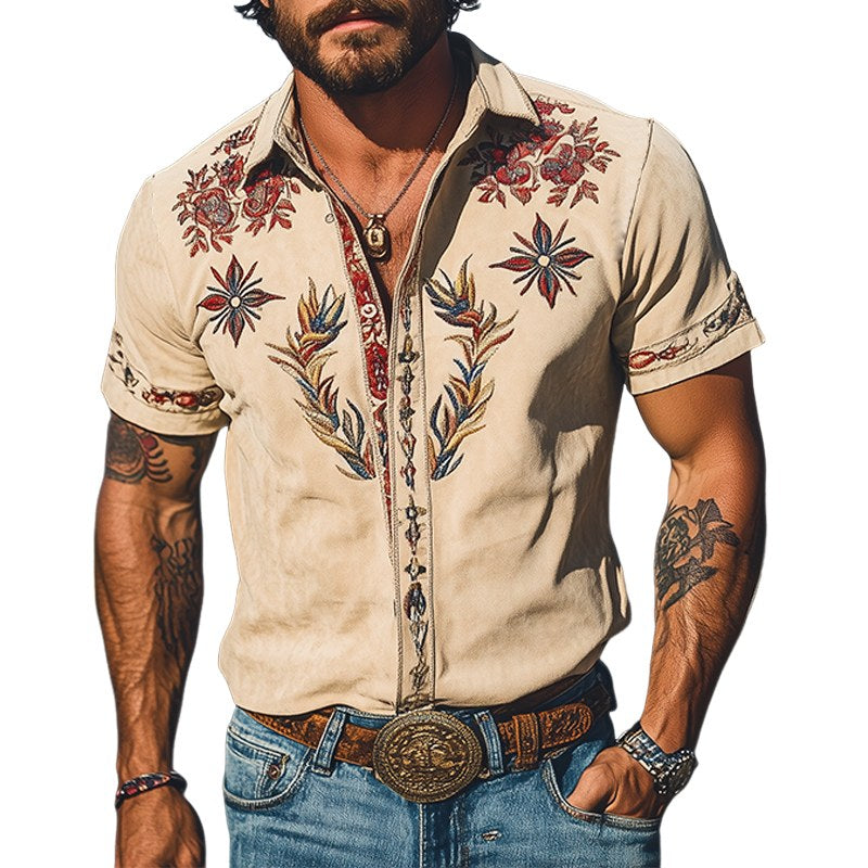 Cooper | Men's Western Floral Print Short-Sleeve Shirt, Point Collar Shirt | The Shrader Sisters | White