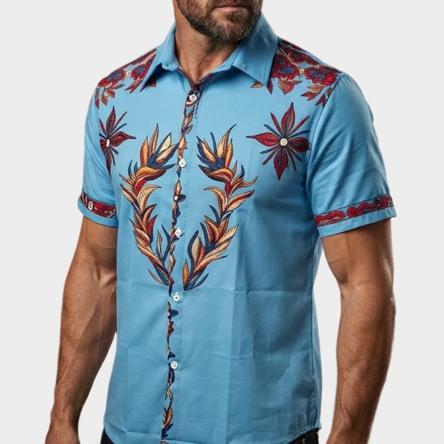 Cooper | Men's Western Floral Print Short-Sleeve Shirt, Point Collar Shirt | The Shrader Sisters