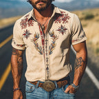 Cooper | Men's Western Floral Print Short-Sleeve Shirt, Point Collar Shirt | The Shrader Sisters | Light Khaki