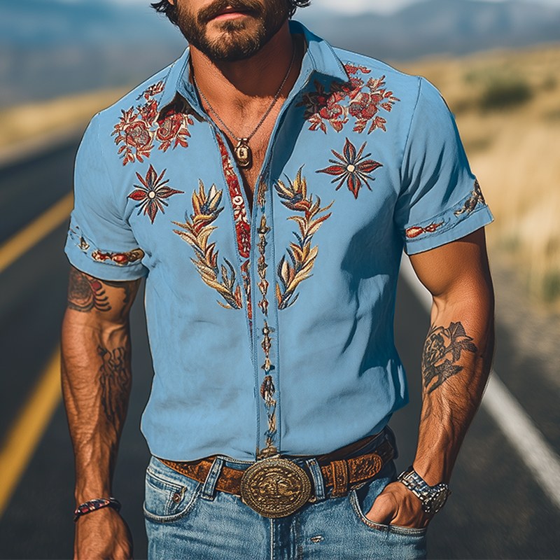 Cooper | Men's Western Floral Print Short-Sleeve Shirt, Point Collar Shirt | The Shrader Sisters