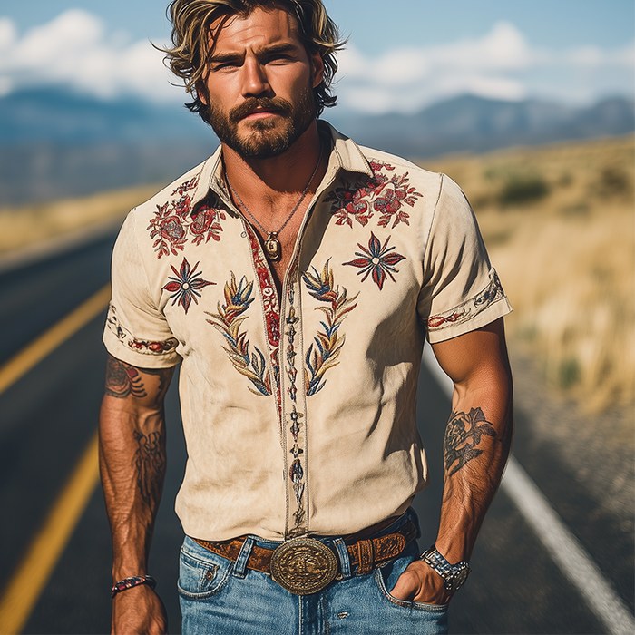 Cooper | Men's Western Floral Print Short-Sleeve Shirt, Point Collar Shirt | The Shrader Sisters