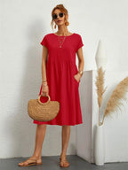 Courtney | Women's Casual Pocket Midi Dress, Flattering Summer Dress for Holidays and Everyday Wear, Flattering Summer Dress for Holidays and Everyday Wear - Red