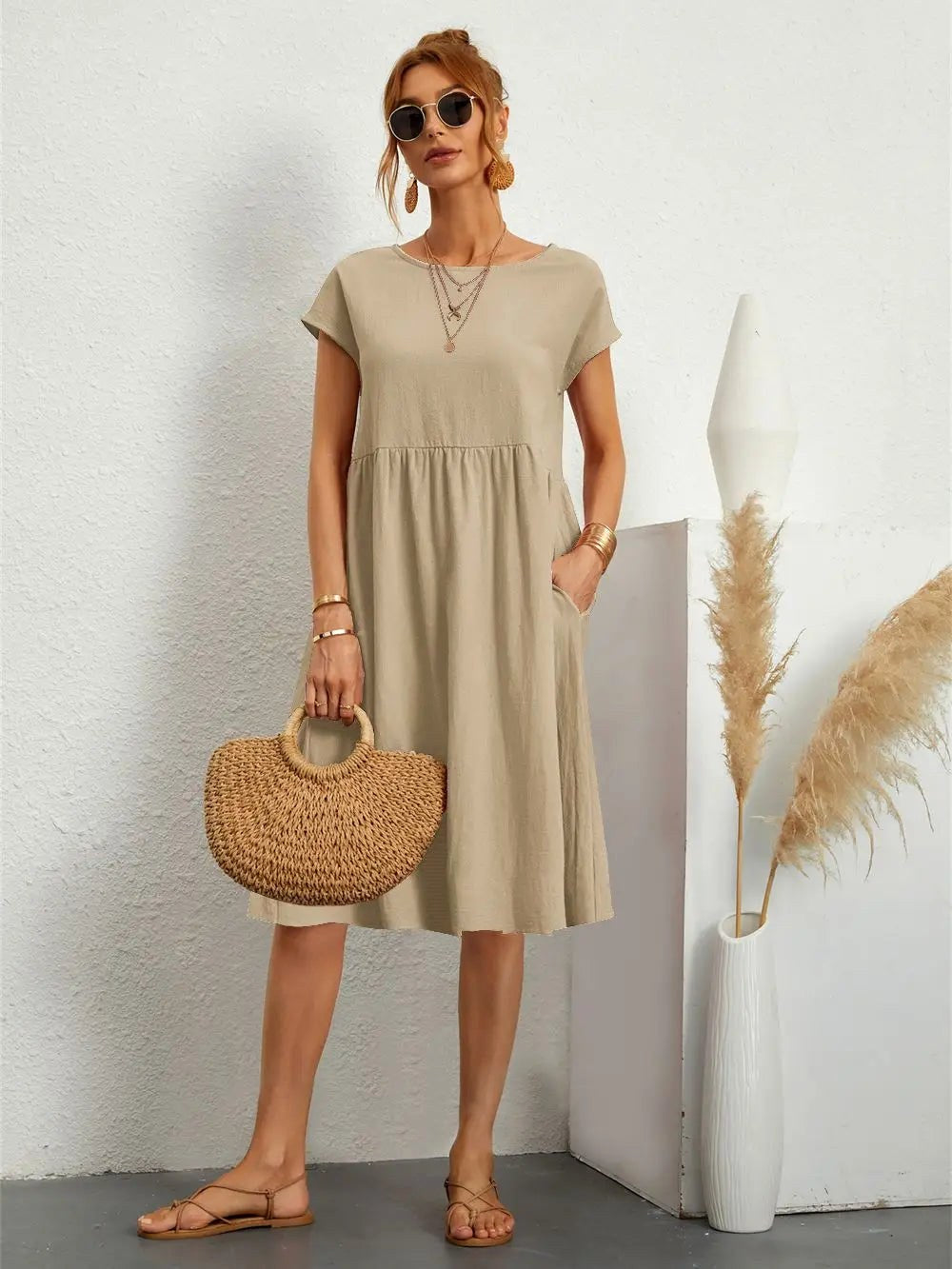Courtney | Women's Casual Pocket Midi Dress - Khaki