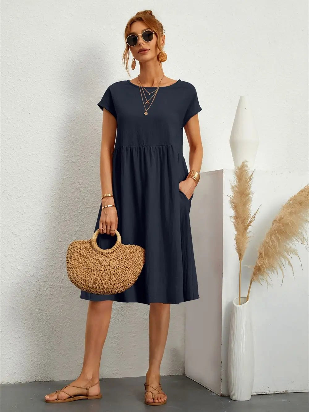 Courtney | Women's Casual Pocket Midi Dress, Flattering Summer Dress for Holidays and Everyday Wear, Flattering Summer Dress for Holidays and Everyday Wear - Burgundy