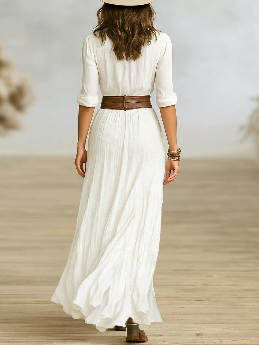 Crissa | Women's Long Belted Dress With Pleated Lapels - image 7