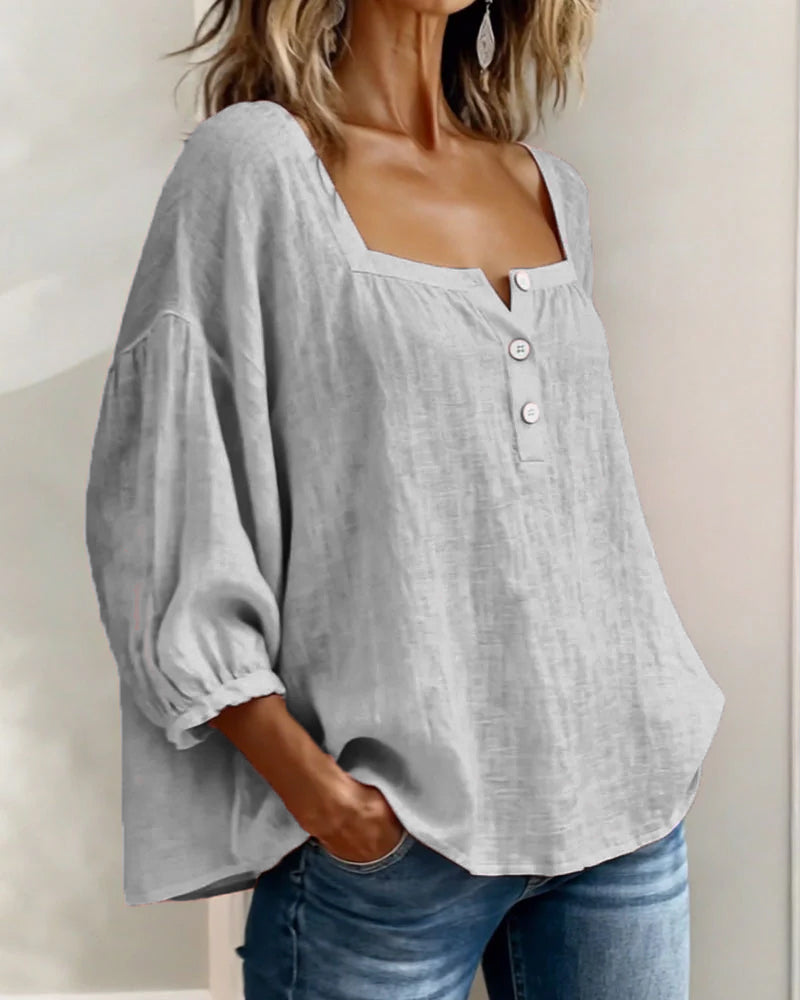 Grace | Square Neck Cotton Linen Blouse