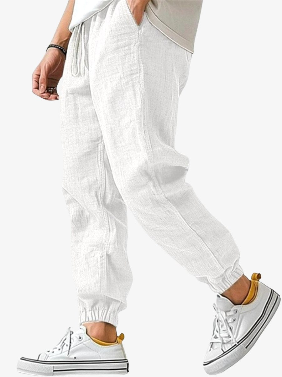 Declan | Men's Cotton Linen Joggers, Relaxed Fit Trousers | The Shrader Sisters | White