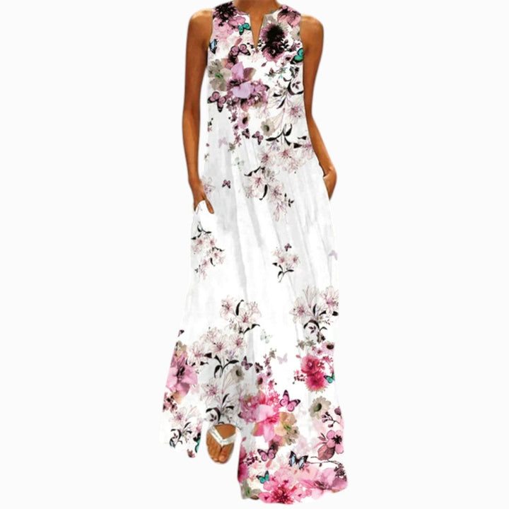 Delilah | Women's Open Neckline Maxi Dress - White | Pink Floral