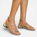 Ebony | Women's Gold Metallic Block Heel Sandals, Strappy Occasion Sandals | The Shrader Sisters | Dorado