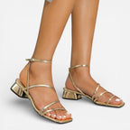Ebony | Women's Gold Metallic Block Heel Sandals, Strappy Occasion Sandals | The Shrader Sisters | Dorado